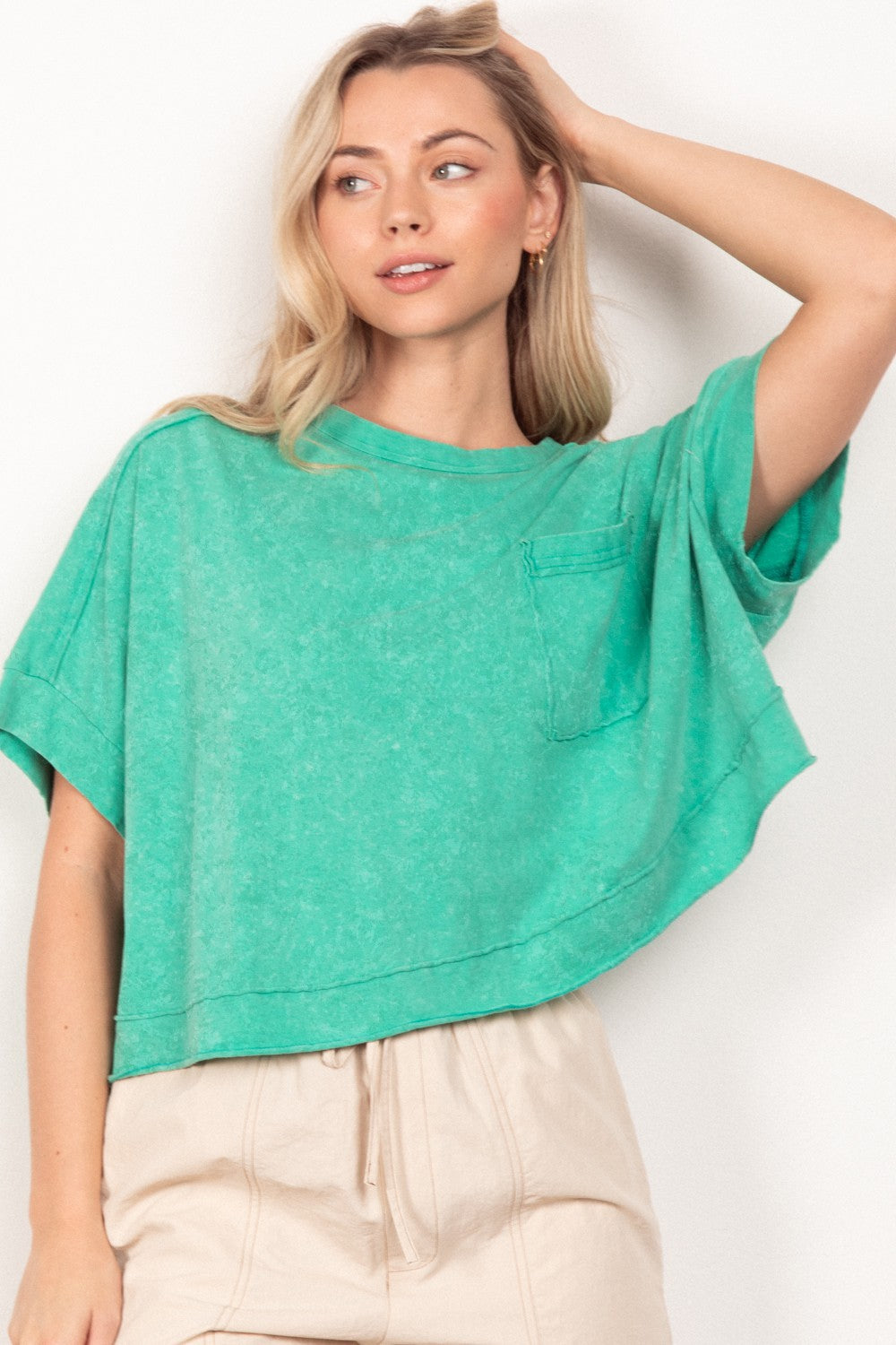 Oversized Washed Crop Comfy Knit Top - Green